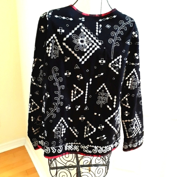 Notations Cotton Jacket Cardigan Silver Embroidery Beads Size S Black Red Artsy - Picture 3 of 17